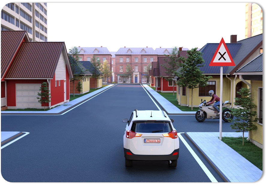 Verkeersbord B17 waarschuwt voor een kruispunt met voorrang van rechts