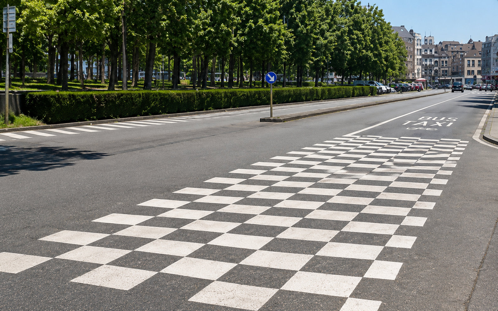 Dambordmarkering op een bus- en taxibedding