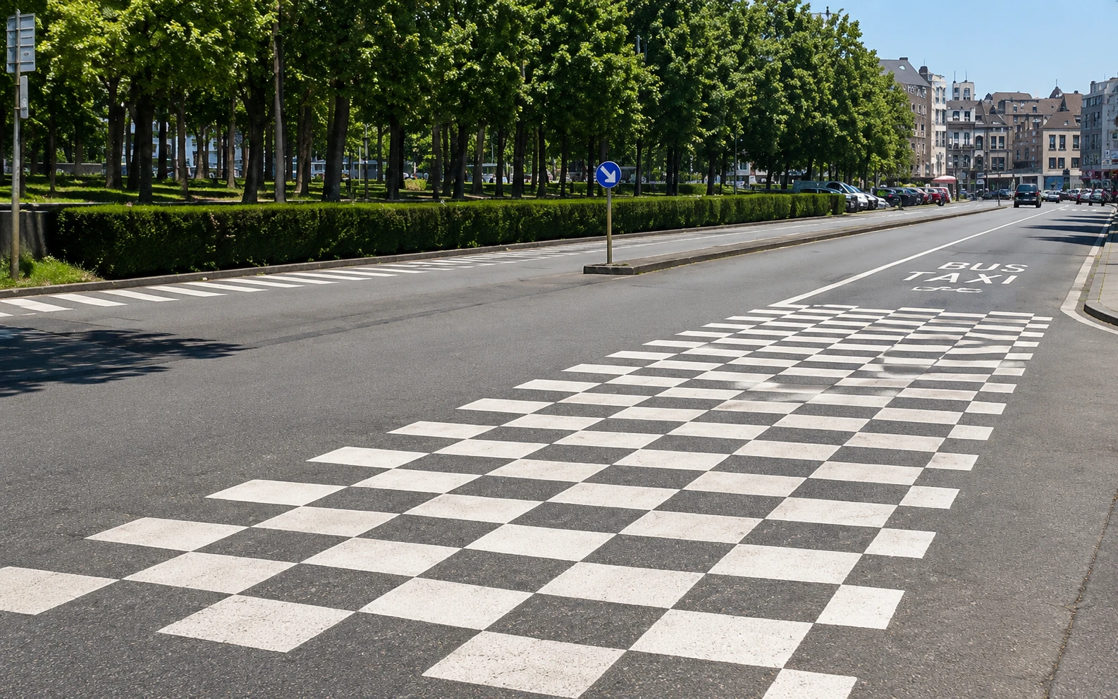 Dambordmarkering op een bus- en taxibedding
