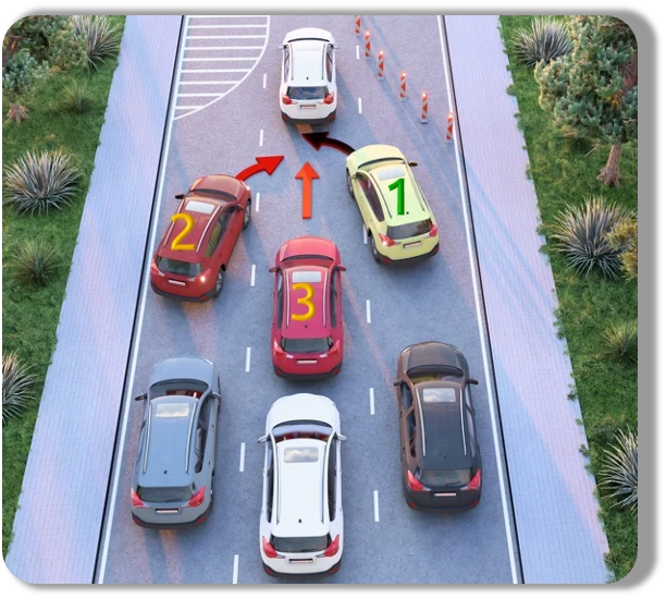 Drie rijstroken voegen samen tot &eacute;&eacute;n, in volgorde 1-2-3