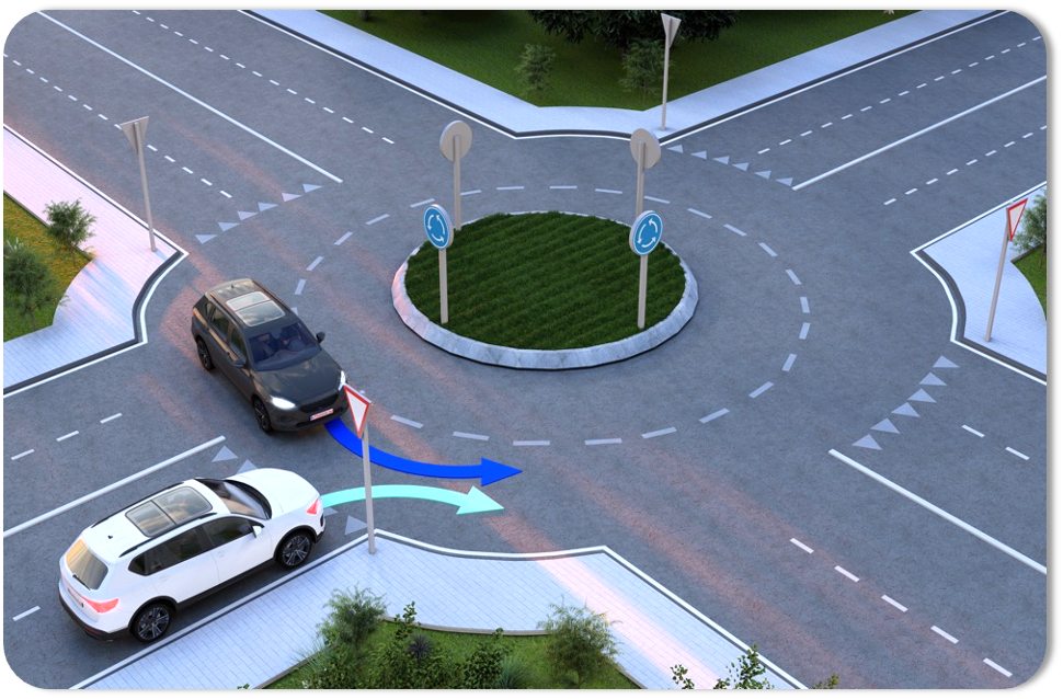 Auto's die de rotonde oprijden en verlaten met pijlen
