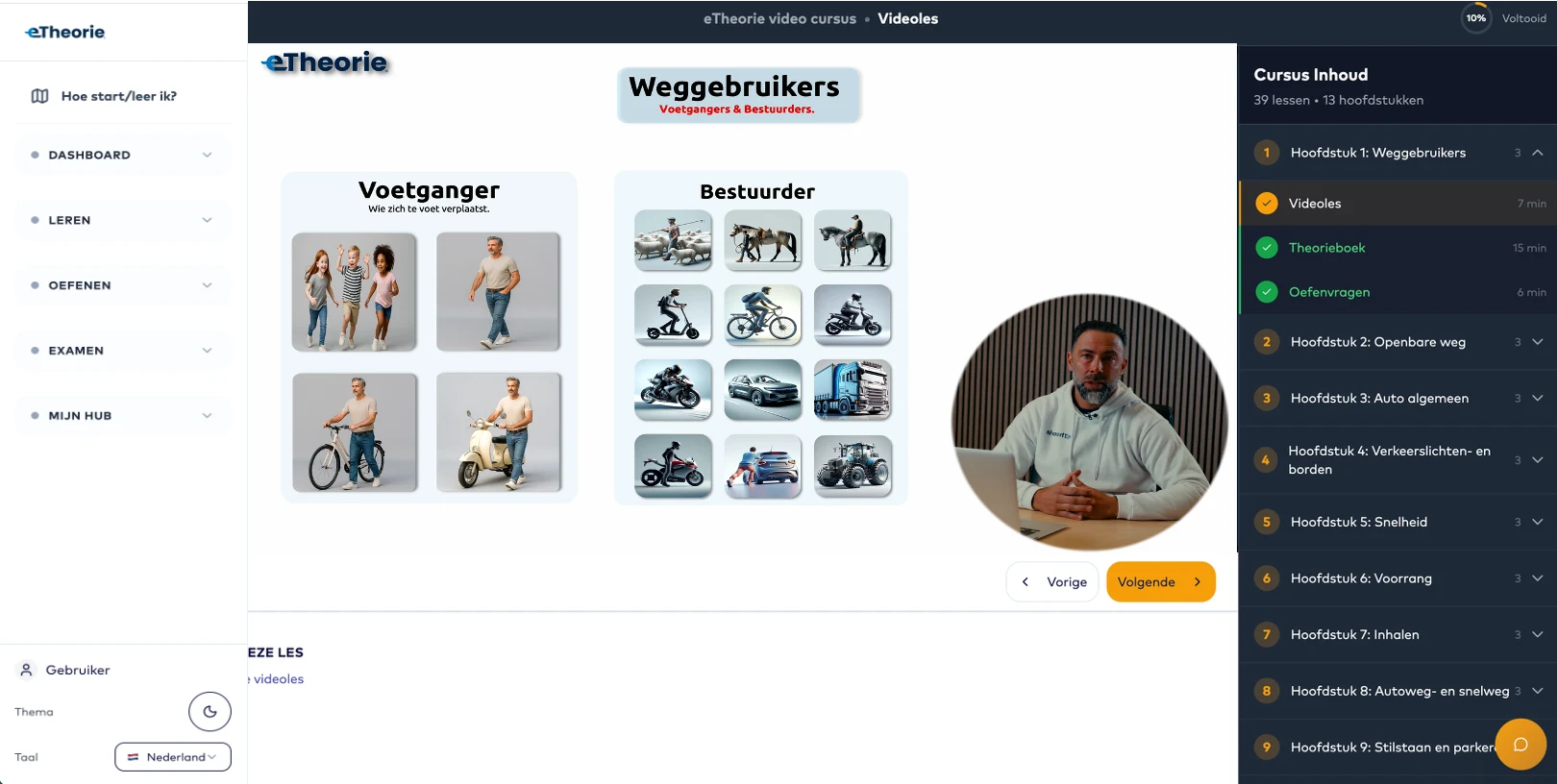 eTheorie online leerplatform met videolessen, cursusinhoud en instructeur Mathieu